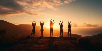 un' gruppo di persone fare yoga di il acqua a tramonto. generativo ai foto