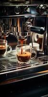 un' tazza di caffè nel un' caffè macchina, preparazione caffè avvicinamento. generativo ai foto