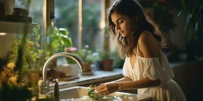 il ragazza lavaggi piatti nel il cucina, pulizia. generativo ai foto