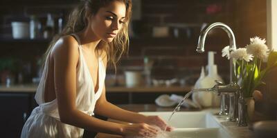 il ragazza lavaggi piatti nel il cucina, pulizia. generativo ai foto