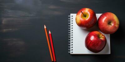 spazio per testo, indietro per scuola. bloc notes e Mela su il tavolo. generativo ai foto