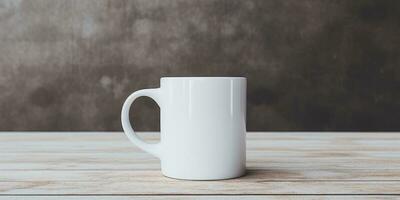 modello di un' bianca tazza per tè o caffè, su un' di legno tavolo. generativo ai foto