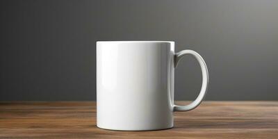 modello di un' bianca tazza per tè o caffè, su un' di legno tavolo. generativo ai foto