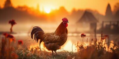 Gallo nel il villaggio contro il fondale di tramonto. rurale vita concetto. generativo ai foto