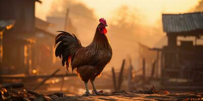 Gallo su il sfondo di tramonto, nebbia nel il villaggio. generativo ai foto