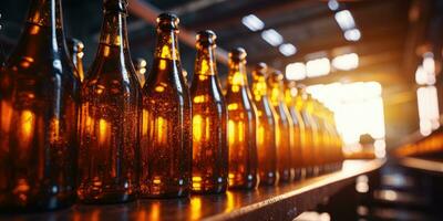 bicchiere bottiglie a il fabbrica. birra fabbrica. generativo ai foto