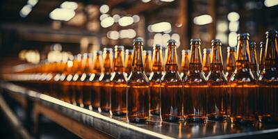bicchiere bottiglie a il fabbrica. birra fabbrica. generativo ai foto