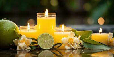 Limone candele di il piscina. romantico umore. generativo ai foto