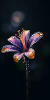 bellissimo fiore con gocce di pioggia su un' buio sfondo. foto per manifesto o sfondo. generativo ai
