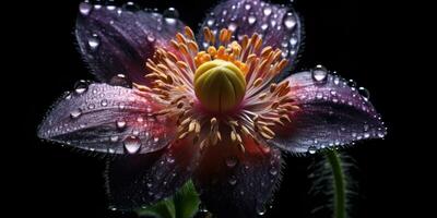 pulsatilla fiore con gocce di pioggia. Immagine per un' manifesto o cartolina. generativo ai foto