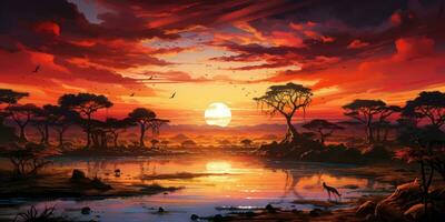 incredibile bellissimo tramonto nel il savana, natura impianti. generativo ai foto