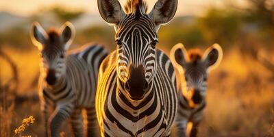 orizzontale foto di zebre nel Africa contro tramonto sfondo. generativo ai