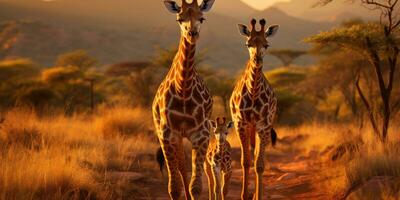 famiglia di giraffe In piedi insieme il selvaggio, naturale habitat. Africa. generativo ai foto