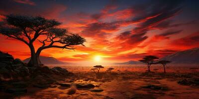 bellissimo tramonto nel Africa con un' morto albero e luminosa colori. generativo ai foto