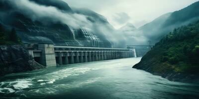 Immagine di un' idroelettrico diga, come fonte di energia il movimento di acqua. generativo ai foto