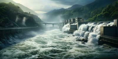 Immagine di un' idroelettrico diga, come fonte di energia il movimento di acqua. generativo ai foto