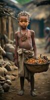 povero e Affamato africano orfano bambino sporco Abiti. generativo ai foto