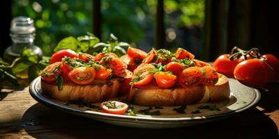 spuntini per il buffet. delizioso Bruschetta con pomodori. generativo ai foto