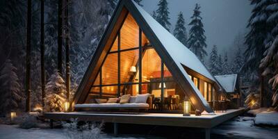 triangolare telaio Casa nel il inverno foresta vicino il lago. generativo ai foto