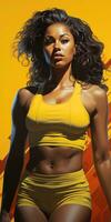 illustrazione giovane americano donna nel gli sport giallo Abiti. sport stile di vita concetto. generativo ai foto