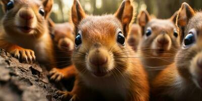 lotto di divertente bambino scoiattoli nel il autunno foresta. animale mondo. generativo ai foto