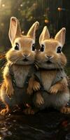carino e divertente conigli Abiti Guarda in il telecamera lente. animale mondo. generativo ai foto