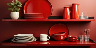 design diverso rosso piatti su il mensola nel il cucina. generativo ai foto