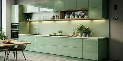 moderno cucina design nel verde sfumature. generativo ai foto