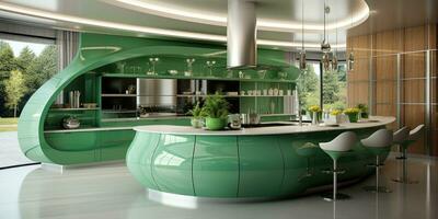 moderno cucina design nel verde sfumature. generativo ai foto