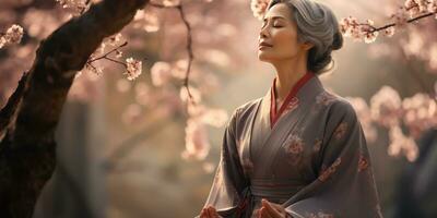 un' dai capelli grigi asiatico donna nel un' chimono prega sotto fioritura albero. generativo ai foto