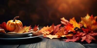 autunno tavolo ambientazione, Halloween tema autunno mazzo, posto per testo. generativo ai foto
