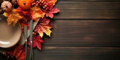 autunno servizio su un' di legno tavolo, superiore Visualizza, Halloween tema. generativo ai foto