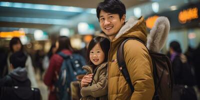 contento asiatico famiglia su vacanza. persone a aeroporto. generativo ai foto