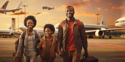 africano famiglia a il aeroporto. viaggio e vacanza. generativo ai foto