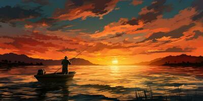 un' uomo nel un' barca è pesca su il lago contro il fondale di tramonto. generativo ai foto