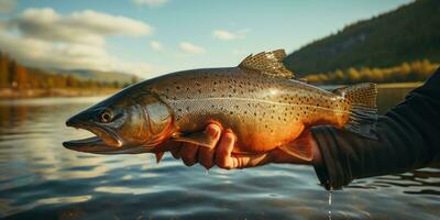 pesce nel il mani su il sfondo di fiume. il tema di ricreazione e pesca. generativo ai foto