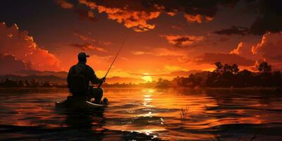 un' uomo nel un' barca è pesca su il lago contro il fondale di tramonto. generativo ai foto