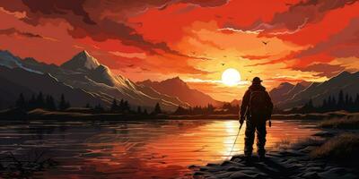 un' uomo è pesca su il lago contro il fondale di tramonto. il tema pesca. generativo ai foto