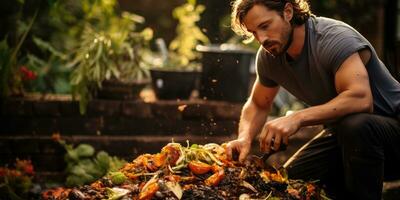 un' uomo compost cibo rifiuto nel il suo giardino. ecologico uso di cibo. generativo ai foto