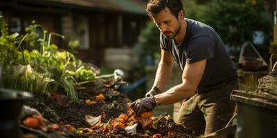 un' uomo compost cibo rifiuto nel il suo giardino. ecologico uso di cibo. generativo ai foto