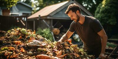 un' uomo compost cibo rifiuto nel il suo giardino. ecologico uso di cibo. generativo ai foto