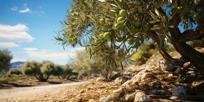 oliva boschetto su il isola di Grecia. piantagione di oliva alberi. generativo ai foto