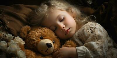 un' piccolo bambino abbracci un' orsacchiotto orso nel un' sognare. generativo ai foto