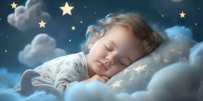 poco carino bambino dorme nel il suo letto. il tema di sogni. generativo ai foto