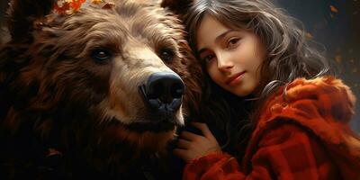 ragazza abbracciare un' orso, animale protezione tema. generativo ai foto