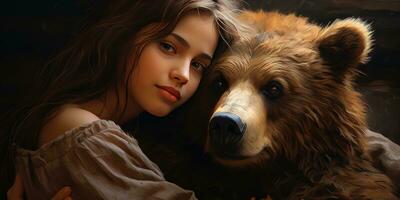 ragazza abbracciare un' orso, animale protezione tema. generativo ai foto