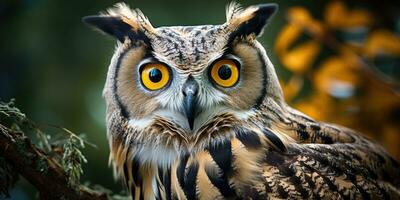 avvicinamento foto di un gufo. uccello nel il foresta. generativo ai