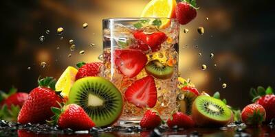 bicchiere di fresco succo avvicinamento. delizioso frutta. generativo ai foto