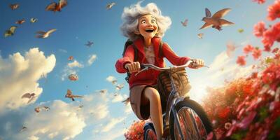 allegro e contento nonna cavalcate un' bicicletta. generativo ai foto