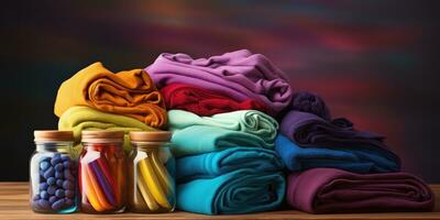 colorato asciugamani e tessuto ammorbidente, lavanderia detersivi. generativo ai foto